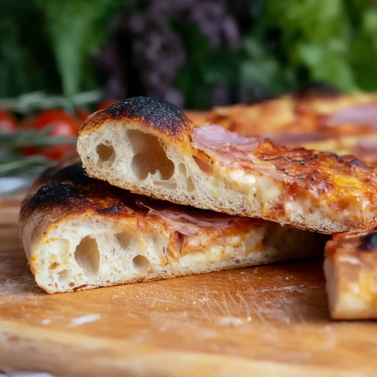 A slice of freshly baked vegan sourdough pizza with a perfectly crispy crust, gooey melted cheese, and savory toppings, showcasing the airy texture of the dough
