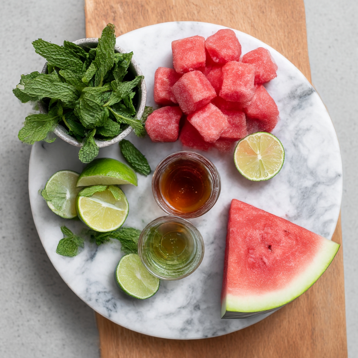A fresh watermelon slushie setup with ingredients including watermelon cubes, mint leaves, lime slices, and lime juice, perfect for making a refreshing summer drink.