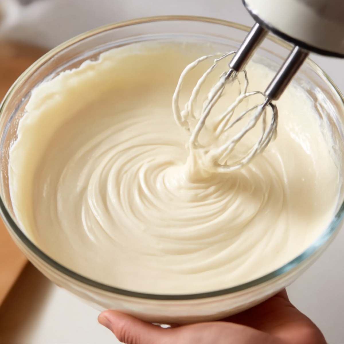 Close-up of a creamy, smooth cheesecake filling being mixed with a hand mixer in a glass bowl, ready for pouring into a crust to make a delicious cheesecake.