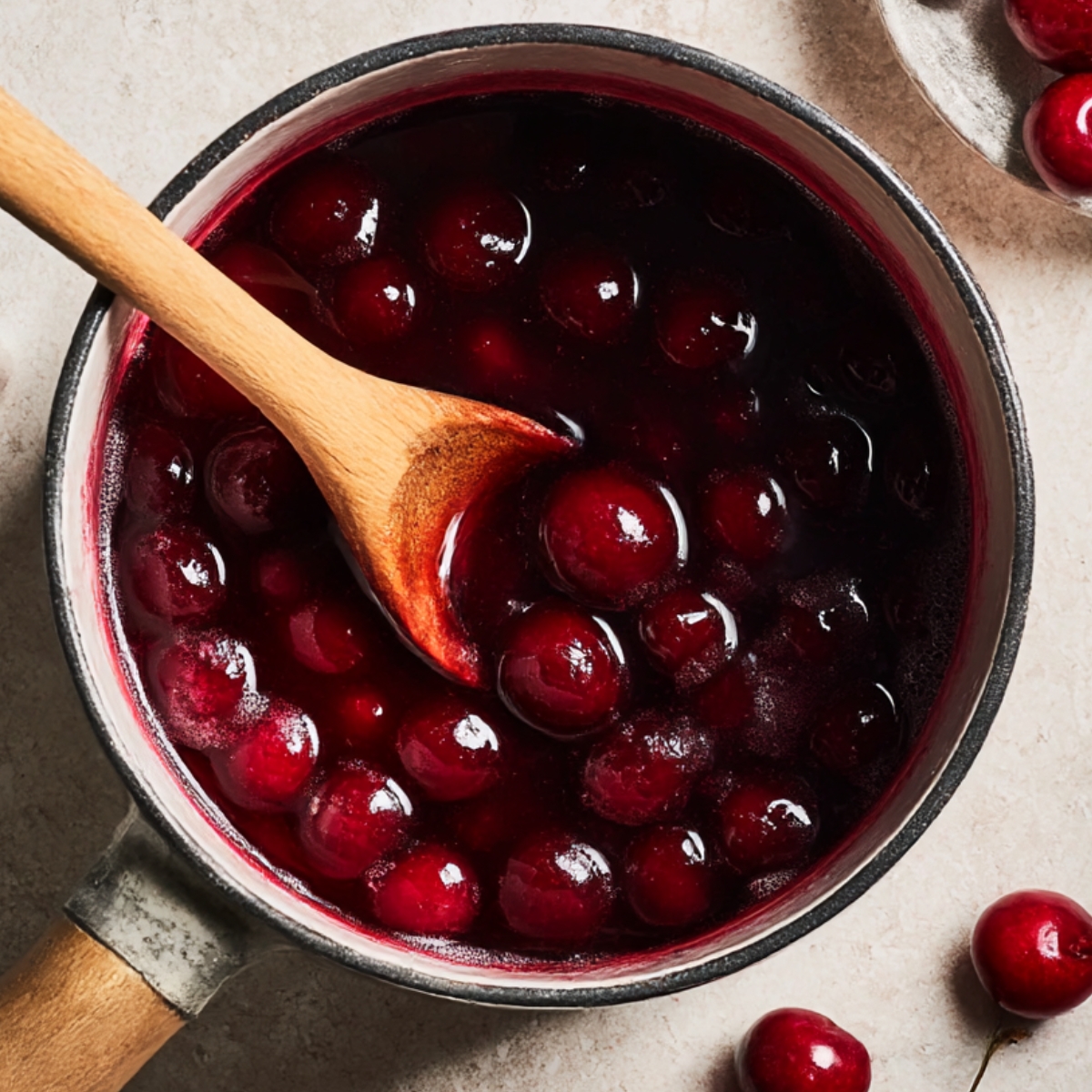 Close-up of a saucepan filled with glossy cherry syrup, whole cherries cooking in the syrup, and a wooden spoon stirring, with fresh cherries scattered on the side.