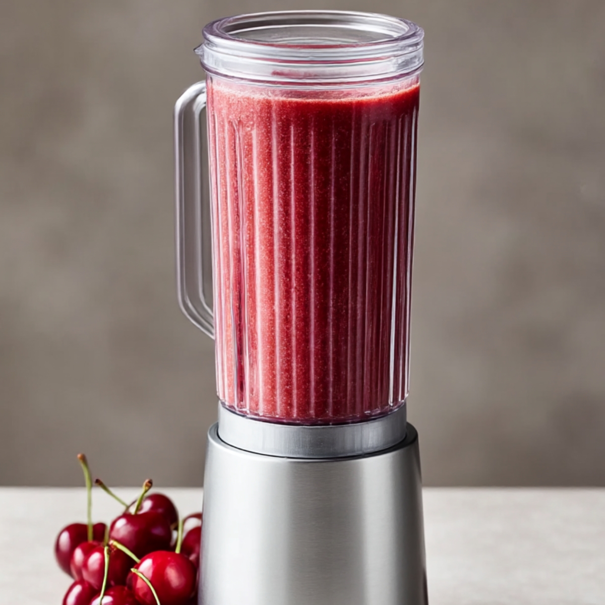 Close-up of a blender filled with smooth cherry puree, fresh cherries placed beside the blender, ready to be added to a Cherry Vanilla Latte.