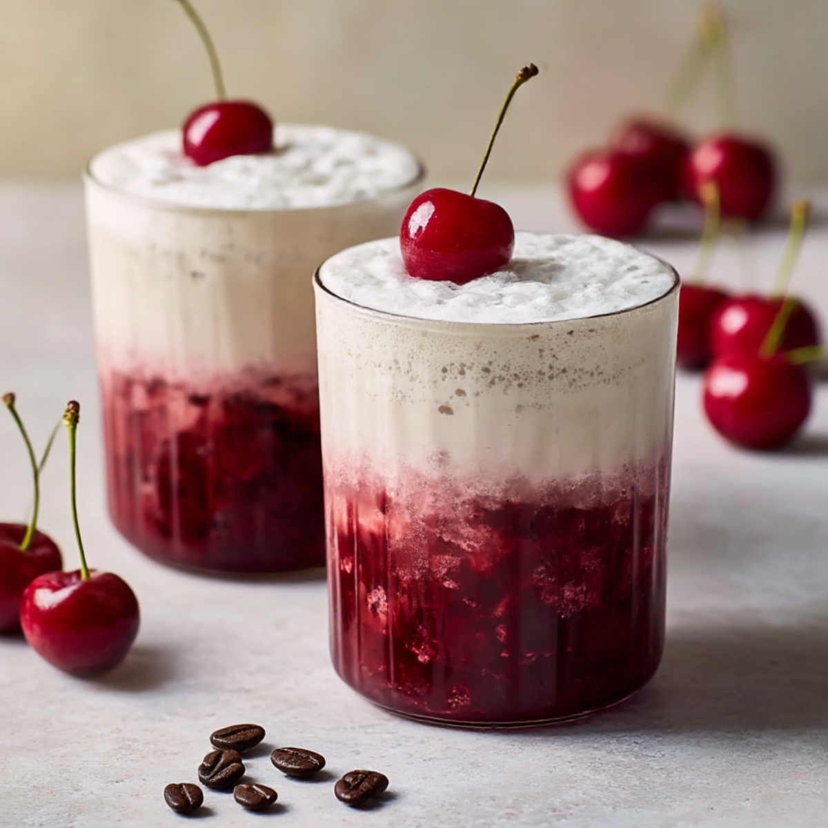 Two glasses of Cherry Vanilla Latte with whipped cream on top, fresh cherries garnish, and a rich cherry syrup layer at the bottom, served on a light background with coffee beans scattered nearby.