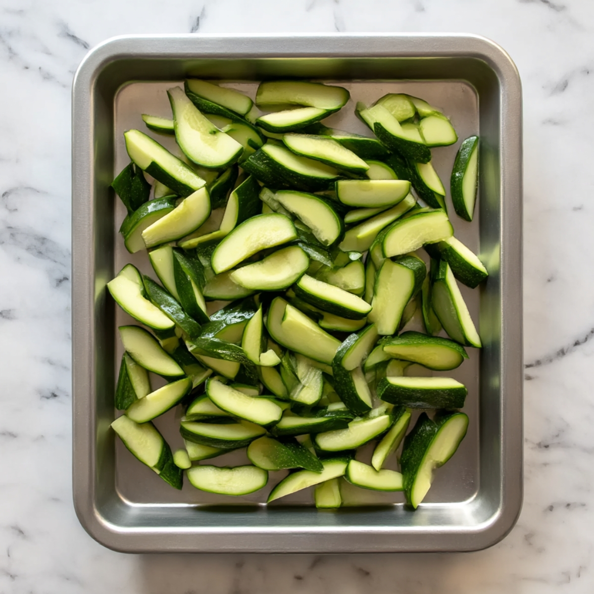 Top view of a baking tray filled with freshly sliced cucumber pieces, ready to be used in a refreshing cucumber smoothie recipe.