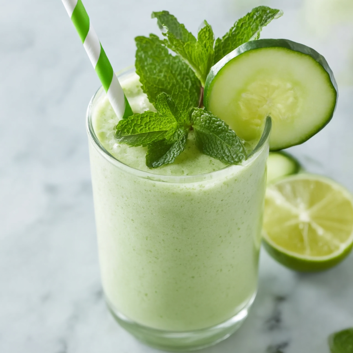 Close-up of a glass filled with creamy cucumber smoothie, garnished with a cucumber slice, fresh mint leaves, and a green-striped straw, with lime halves in the background, perfect for a healthy refreshing drink.