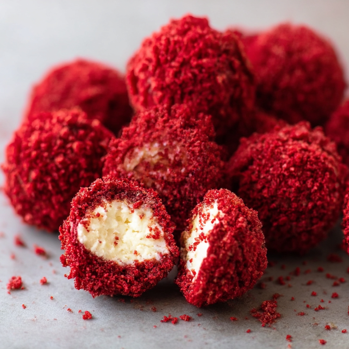Delicious red velvet cheesecake balls rolled in red crumbs, with a creamy cheesecake center. A decadent dessert perfect for any occasion.