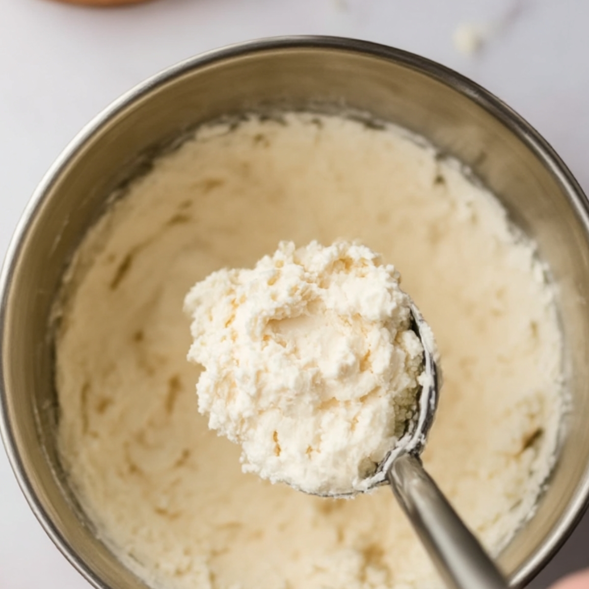 A scoop of creamy cheesecake filling ready to be rolled into red velvet cheesecake balls. The perfect base for these decadent, bite-sized treats.
