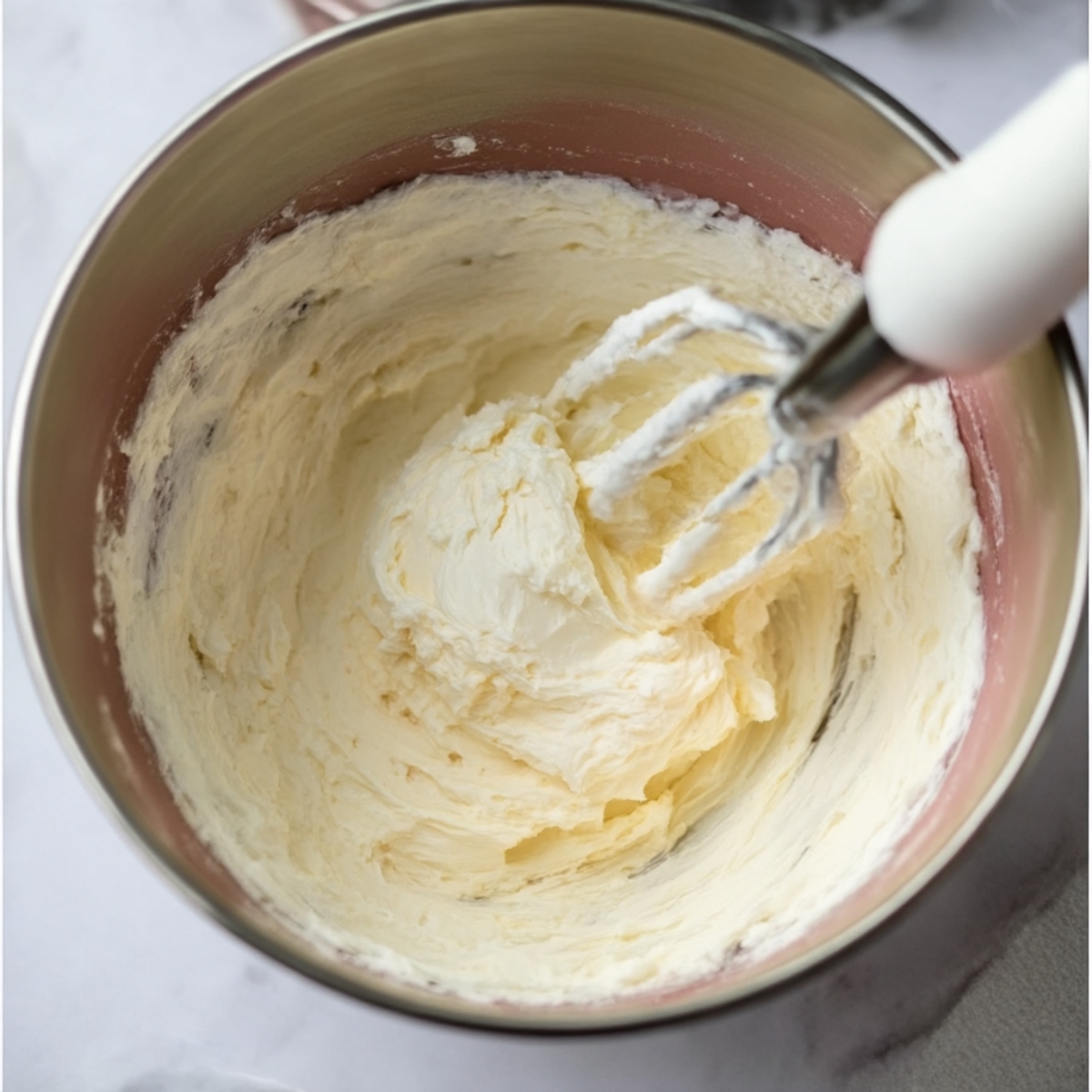 A smooth and creamy mixture being whipped in a stand mixer, essential for creating the rich filling in red velvet cheesecake balls. Perfect for making these decadent bite-sized treats.