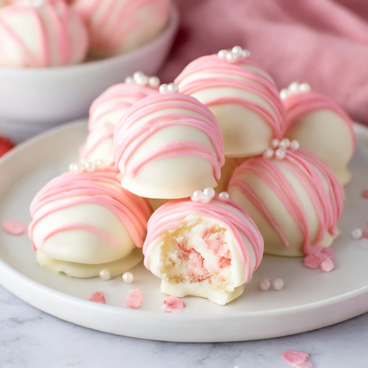 Delicious strawberry shortcake truffles coated in white chocolate, drizzled with pink icing, and topped with decorative pearls. A sweet, creamy treat perfect for celebrations.