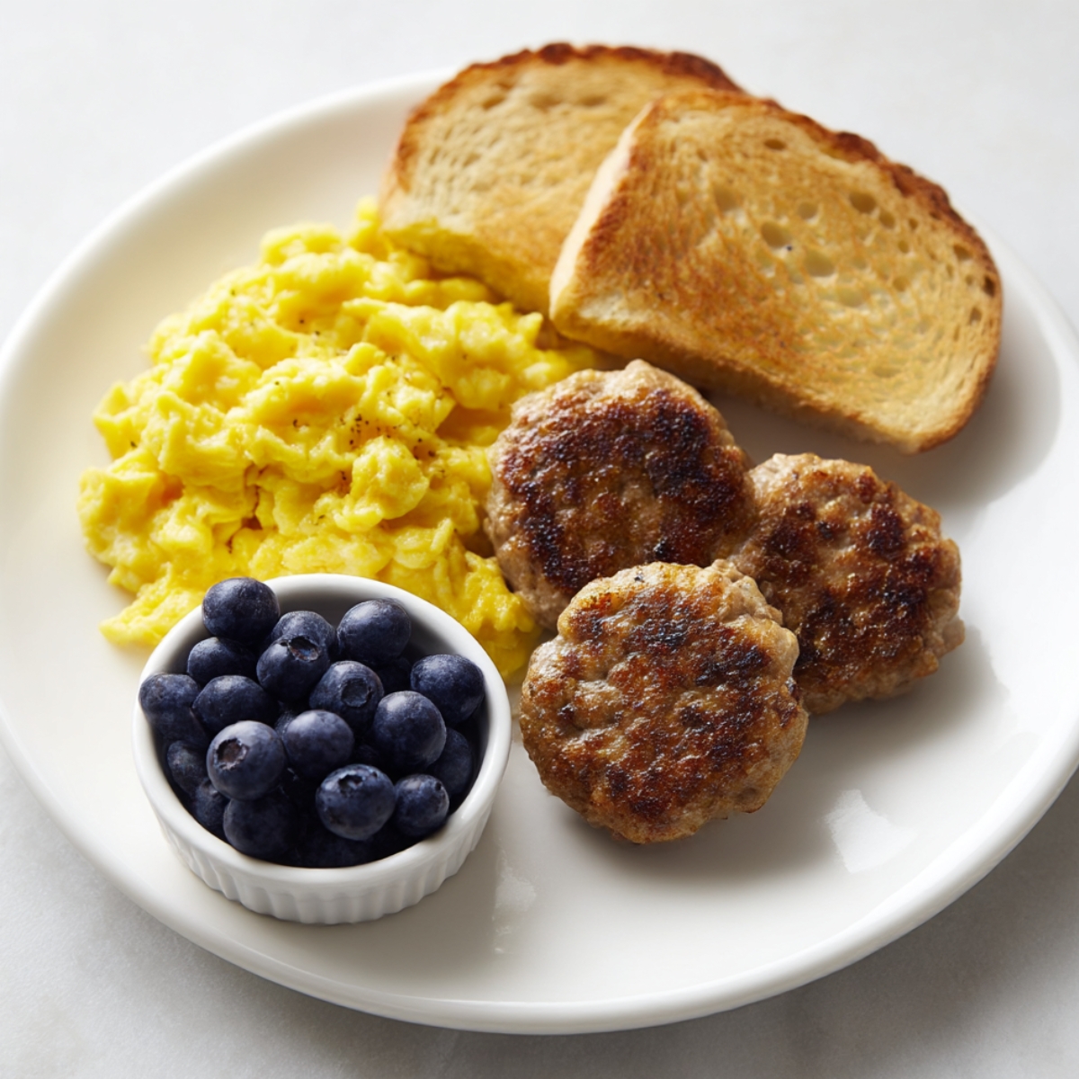 Plate of breakfast featuring golden-brown turkey sausage patties, fluffy scrambled eggs, toasted bread, and a small bowl of fresh blueberries