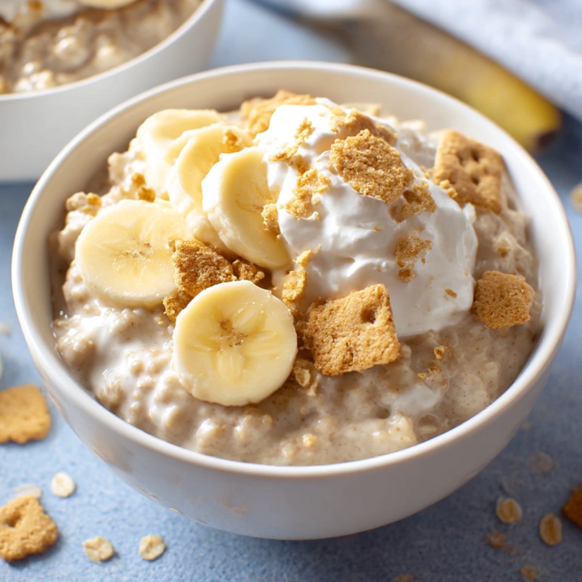 A bowl of creamy banana overnight oats topped with fresh banana slices, whipped cream, and crumbled graham crackers for added crunch.