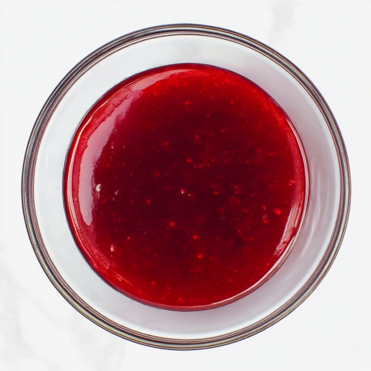 A close-up view of smooth, vibrant raspberry sauce, ready to be used in a chocolate raspberry cake to add a burst of flavor.