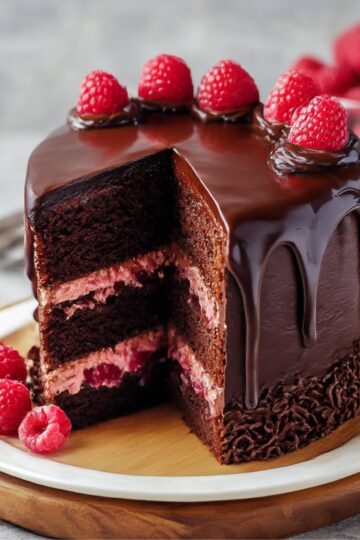 A slice of moist chocolate cake layered with raspberry filling and topped with glossy chocolate ganache and fresh raspberries.