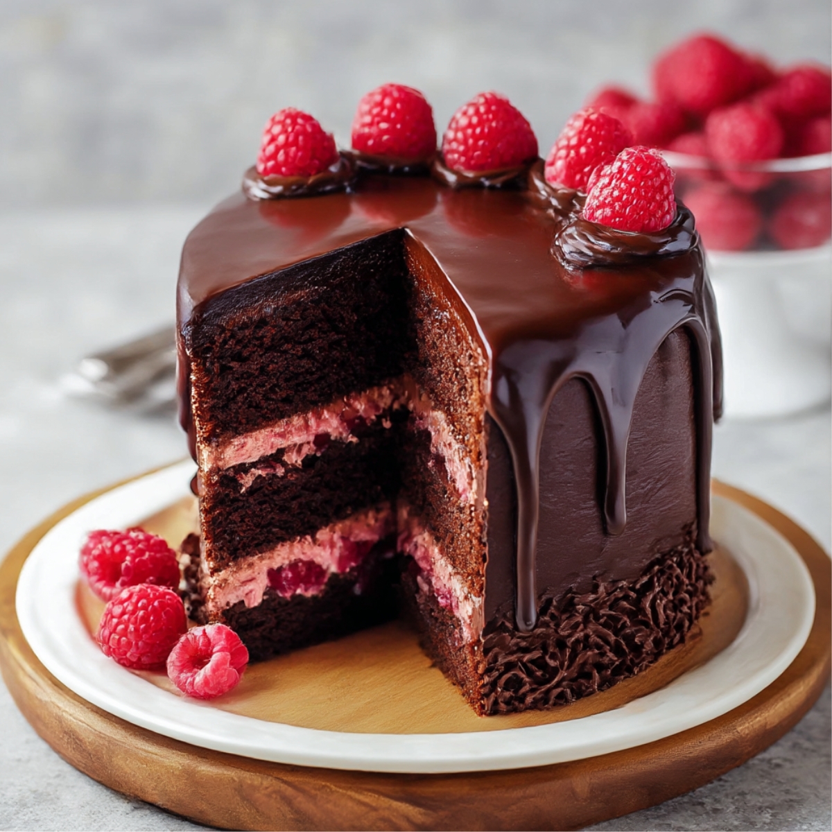 A slice of moist chocolate cake layered with raspberry filling and topped with glossy chocolate ganache and fresh raspberries.