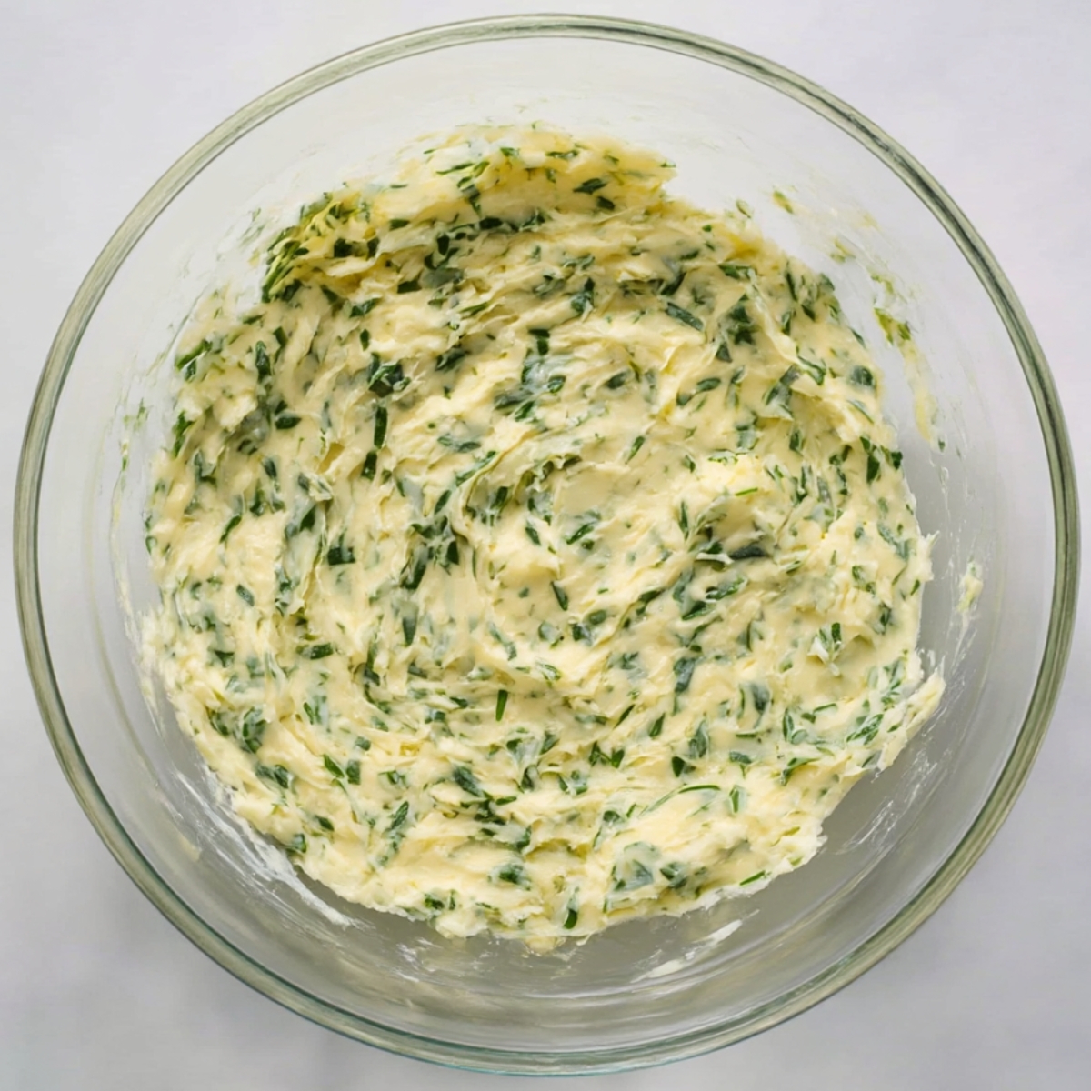 Glass bowl filled with creamy garlic butter mixed with fresh herbs, ready to spread on bread for grilled sandwiches