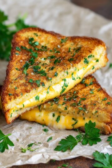 Golden brown bread grilled with garlic and herbs, stuffed with melted cheddar cheese, served on parchment with fresh parsley garnish