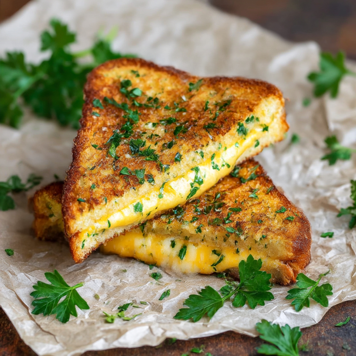 Golden brown bread grilled with garlic and herbs, stuffed with melted cheddar cheese, served on parchment with fresh parsley garnish