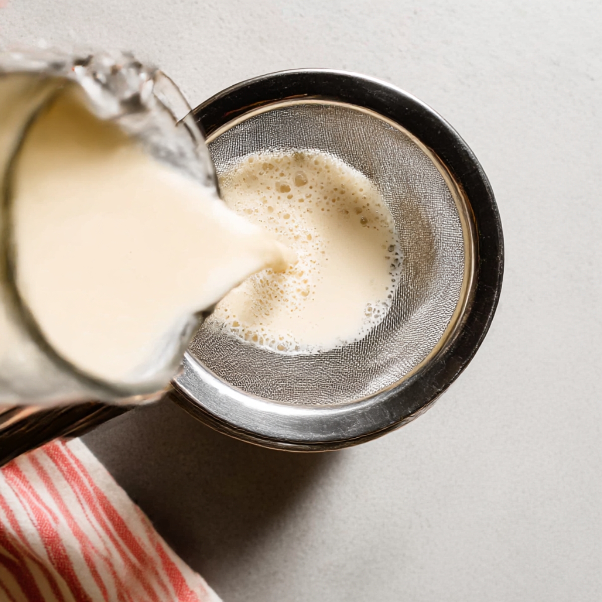 Freshly blended horchata being poured through a fine mesh strainer into a glass, creating a smooth, creamy traditional Mexican rice and cinnamon drink, with a red-striped cloth nearby.