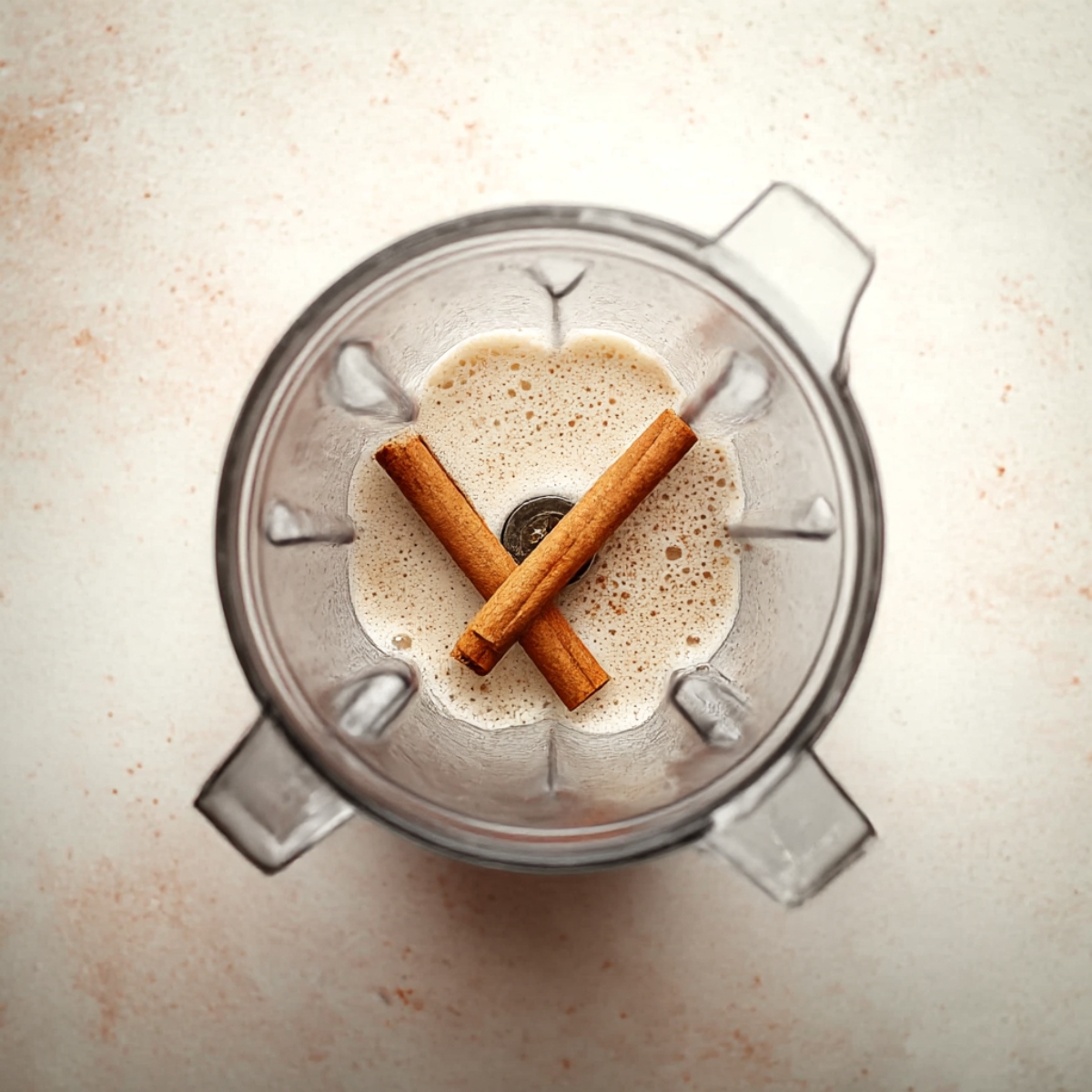 Overhead view of a blender with creamy horchata mixture and two cinnamon sticks inside, showing the preparation of an authentic Mexican horchata recipe.