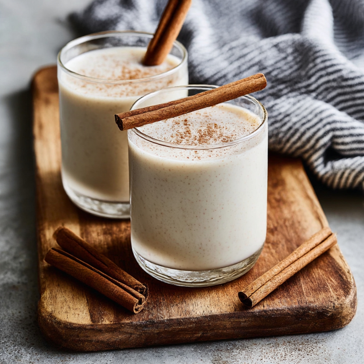 Tall glass of creamy horchata with ice, sprinkled with cinnamon on top, served on a light background with a straw, showcasing a refreshing traditional Mexican horchata recipe.