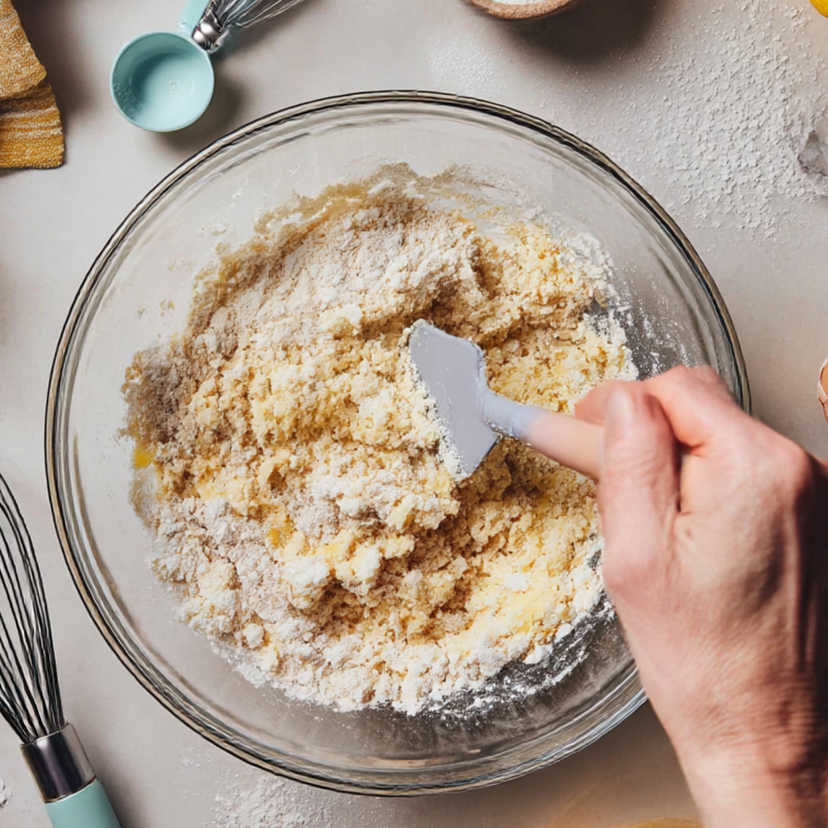 An overhead shot of a hand mixing dough for lemon bars in a glass bowl, surrounded by lemon, eggs, flour, and baking tools like a whisk and measuring spoons.