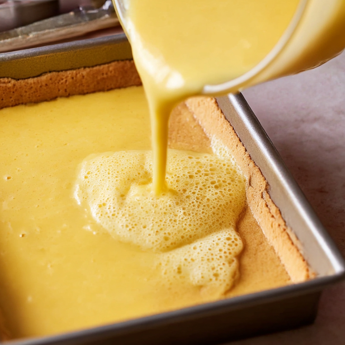 An overhead shot of pouring a smooth lemon filling into a baking pan with a baked crust, with fresh eggs visible in the background.