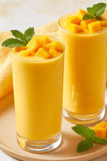 Two tall glasses of creamy mango smoothie topped with fresh mango cubes and mint leaves, served on a light plate with a yellow cloth in the background, showcasing a refreshing tropical smoothie recipe.