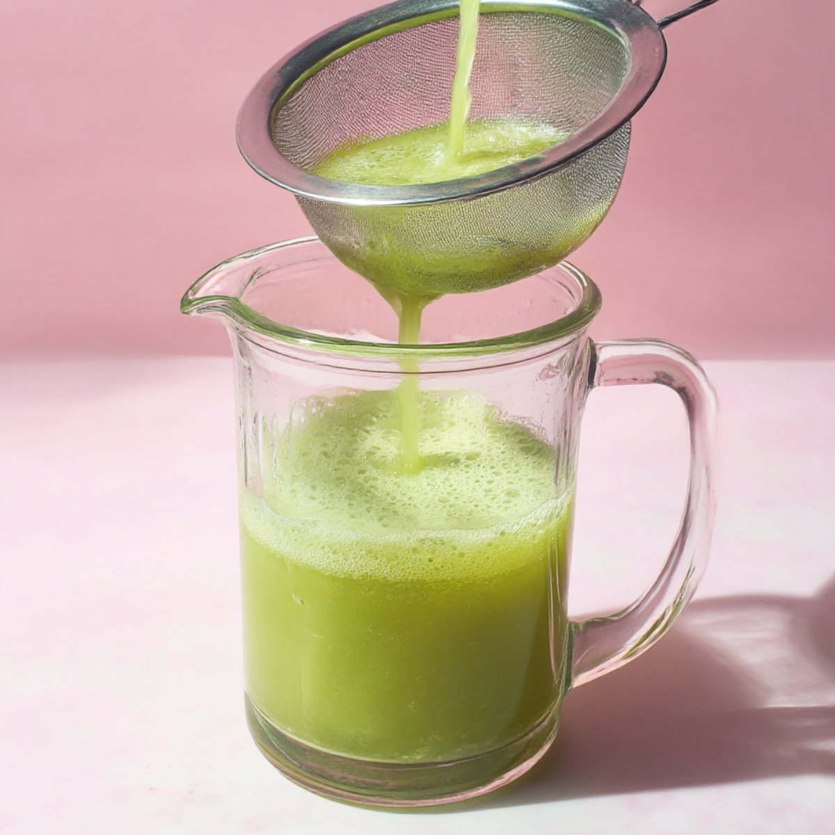 Green Pineapple Cucumber juice being poured through a fine mesh strainer into a clear glass pitcher, creating a smooth, frothy juice, with a pink background.