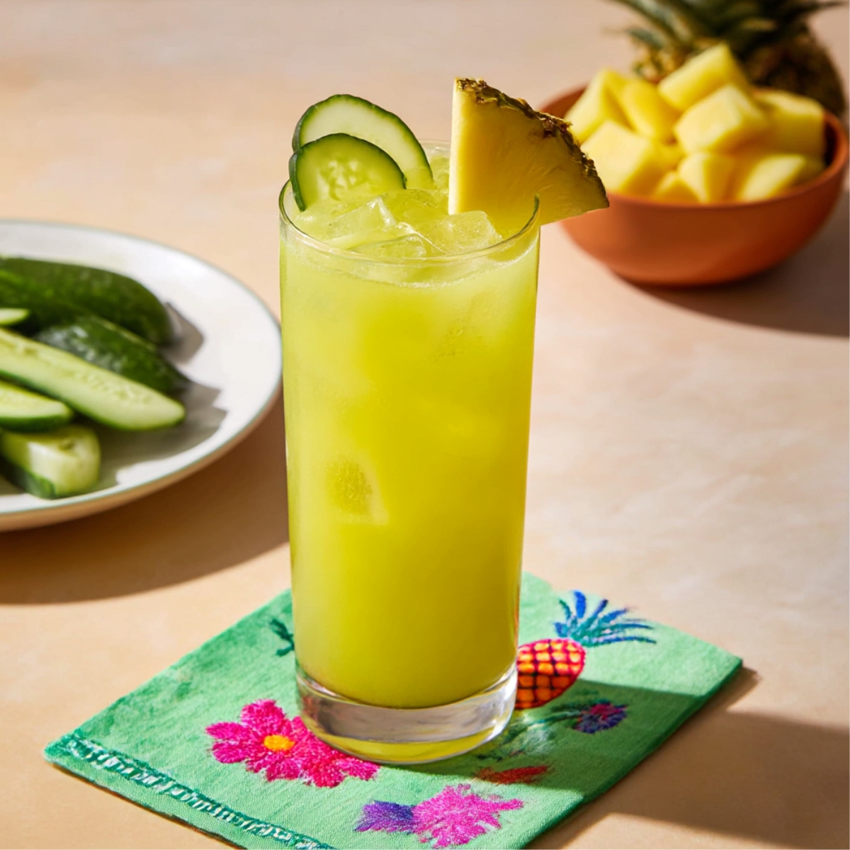 Tall glass of bright yellow-green Pineapple Cucumber juice with ice, garnished with pineapple wedge and cucumber slices, with fresh cucumber and diced pineapple in the background on a light table.