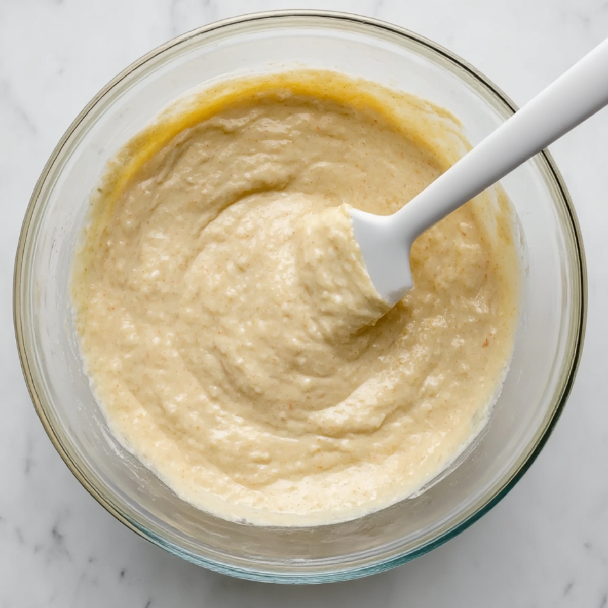 Smooth apple pancake batter in a clear glass bowl with a white spatula, ready to be cooked into fluffy homemade apple pancakes for breakfast.