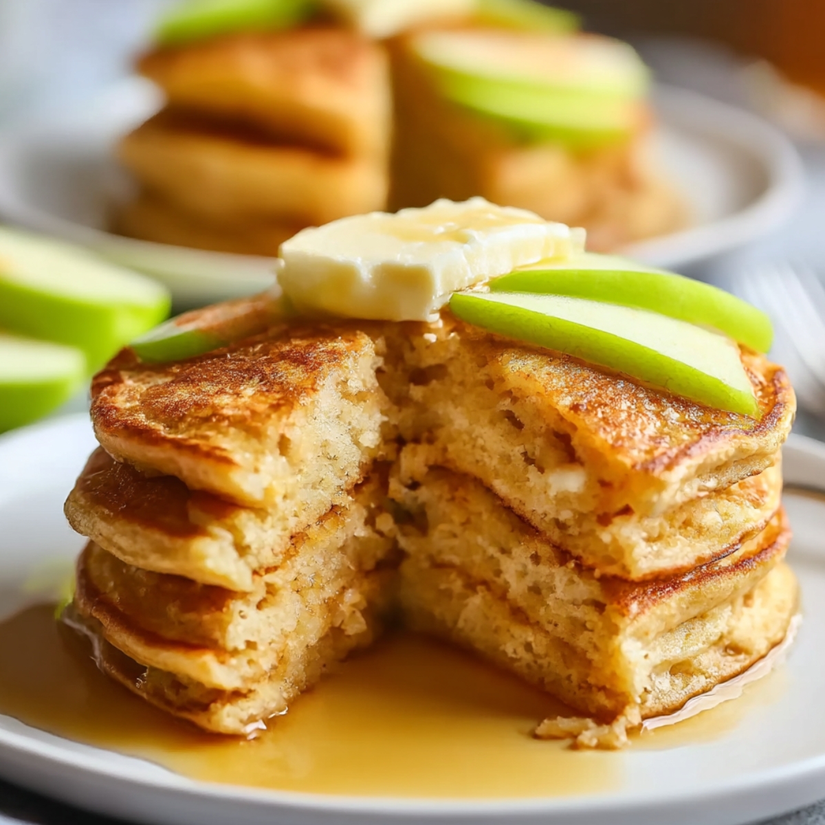 Stack of fluffy apple pancakes topped with fresh green apple slices, a pat of butter, and drizzled with maple syrup on a white plate, perfect for a delicious breakfast recipe.