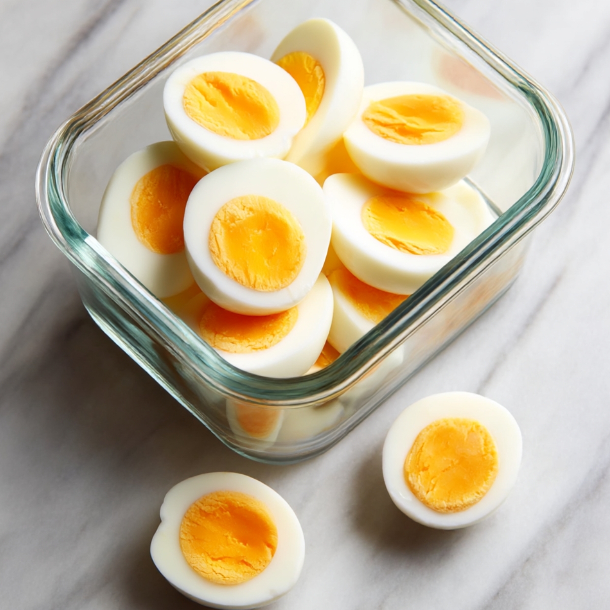 Halved hard-boiled eggs neatly arranged in a glass container, ready to top super quick avocado toast or use in healthy breakfast recipes.