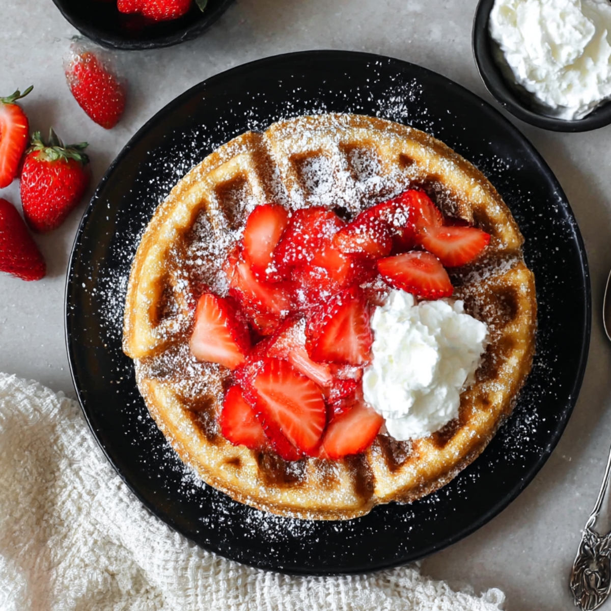 Close-up of a fluffy Belgian waffle topped with sliced fresh strawberries, whipped cream, and powdered sugar on a black plate, ready for a homemade breakfast or brunch.
