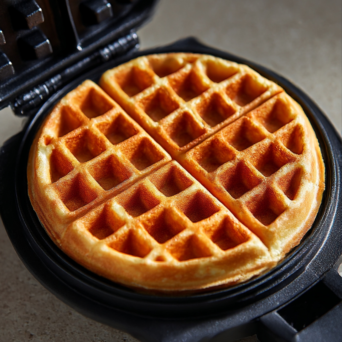 Close-up of a perfectly cooked Belgian waffle in a waffle iron, golden brown and crispy on the outside, ideal for a homemade breakfast or brunch.