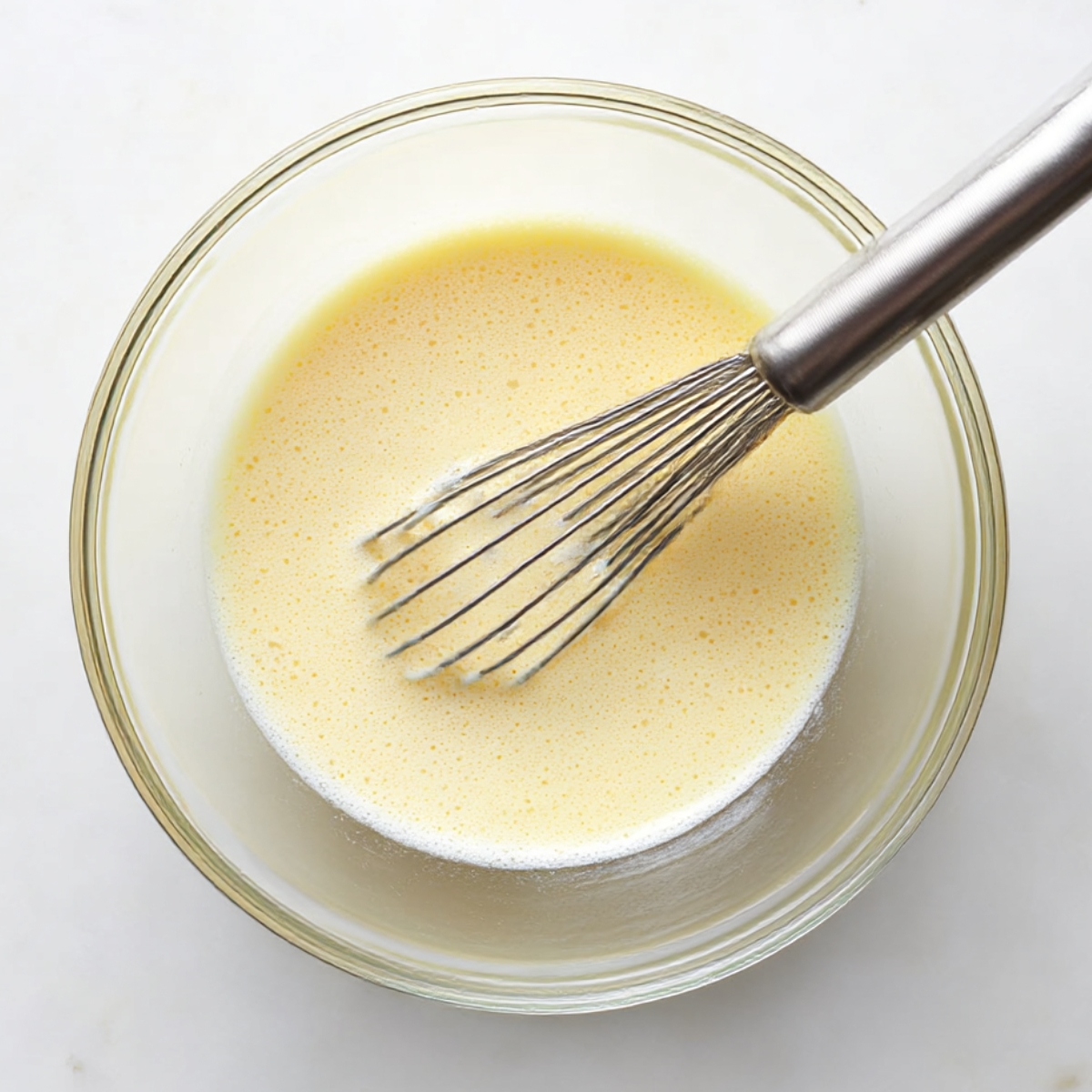 Glass bowl with creamy Belgian waffle batter being whisked, ready for a homemade waffle recipe, perfect breakfast or brunch idea.