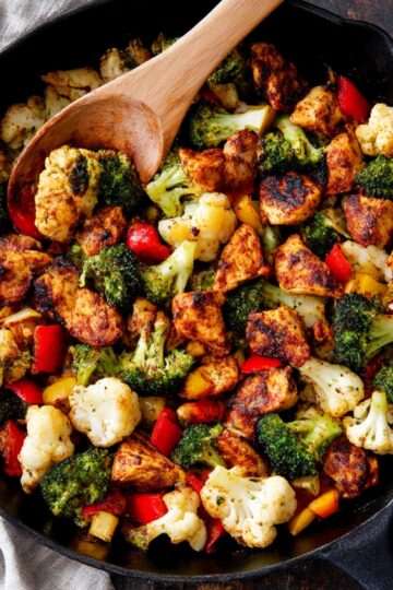 Cast iron skillet with seasoned chicken pieces, broccoli, cauliflower, and red and yellow bell peppers, tossed together for a colorful and healthy Chicken with Mixed vegetables stir-fry.