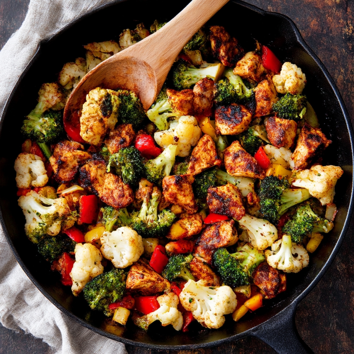 Cast iron skillet with seasoned chicken pieces, broccoli, cauliflower, and red and yellow bell peppers, tossed together for a colorful and healthy Chicken with Mixed vegetables stir-fry.