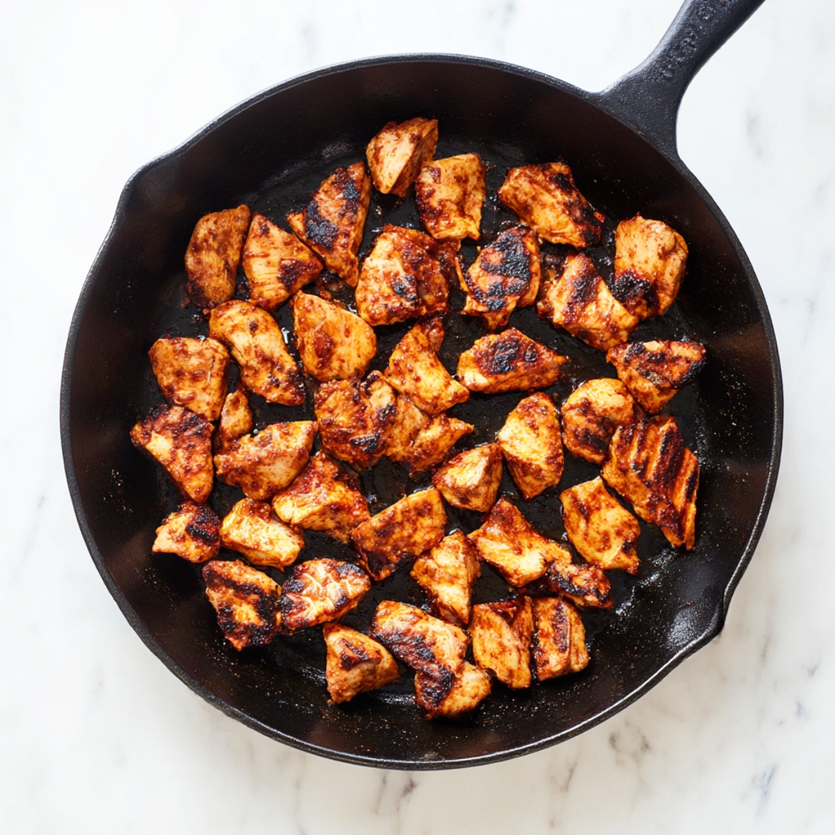 Golden brown bite-sized chicken pieces coated in mixed spices, seared in a black cast iron skillet, perfect for Chicken with Mixed recipes.