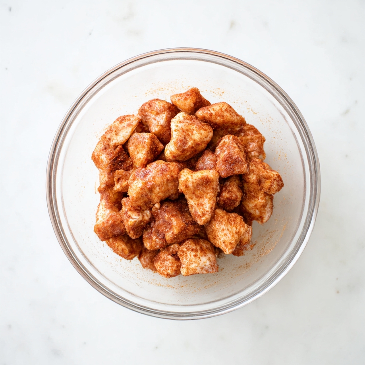 Bowl of bite-sized chicken pieces coated in a mix of paprika, cinnamon, and spices, ready to cook, perfect for Chicken with Mixed dishes.