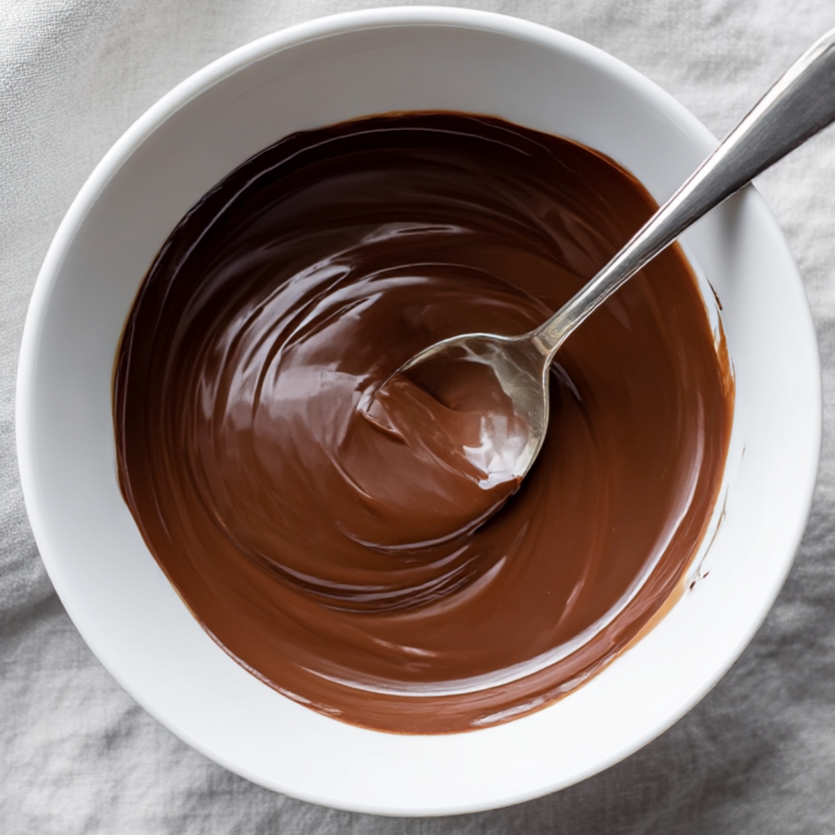 White bowl filled with smooth, melted chocolate with a spoon, ideal for dipping strawberries or yogurt clusters to make homemade chocolate-covered strawberry treats.