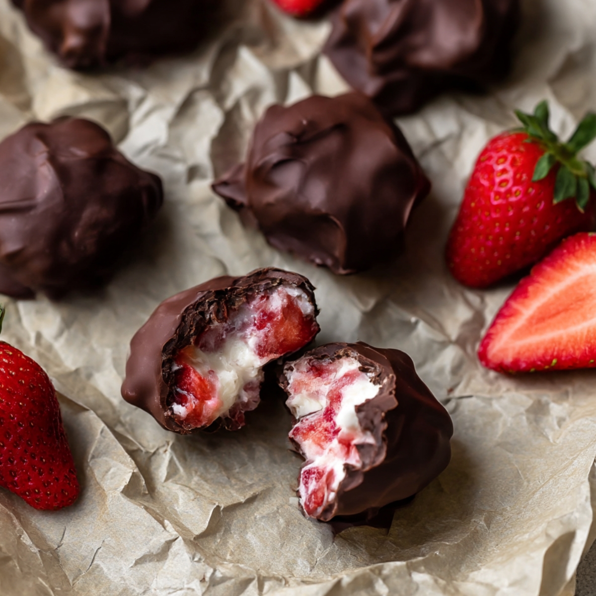 Close-up of homemade chocolate-covered strawberry yogurt clusters on parchment paper, with fresh strawberries and creamy yogurt inside the chocolate coating. Perfect easy no-bake dessert or snack.