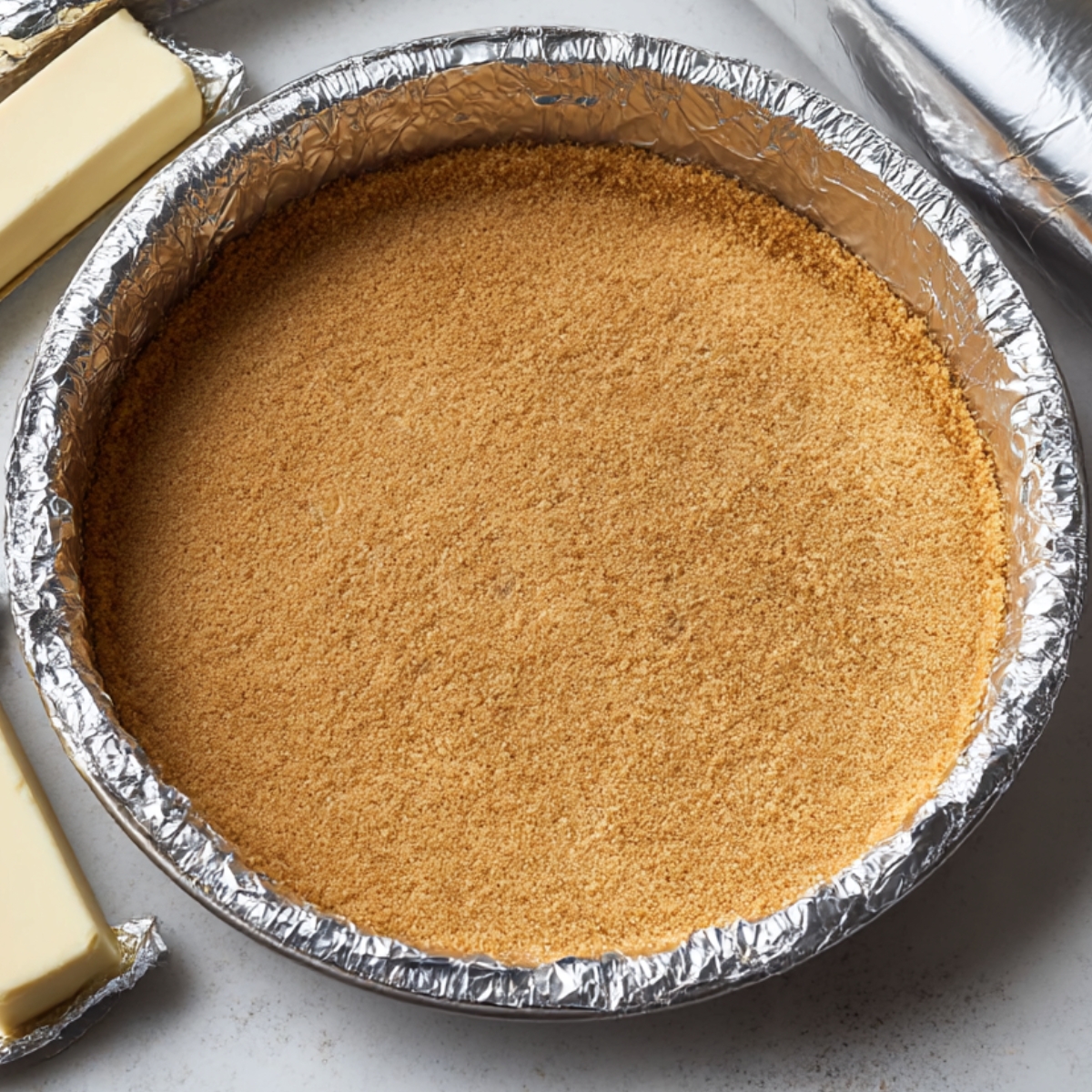 A close-up of a golden graham cracker crust pressed into a foil pan, ready for a creamy cheesecake filling, with sticks of butter nearby.
