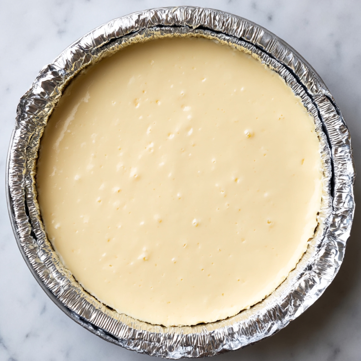 A top view of a creamy cheesecake filling smoothed into a graham cracker crust in a foil pan, ready for baking, showing its rich, silky texture.
