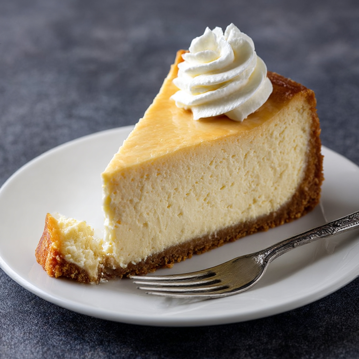 A slice of rich and creamy cheesecake with a golden graham cracker crust, topped with a swirl of whipped cream, served on a white plate with a fork.