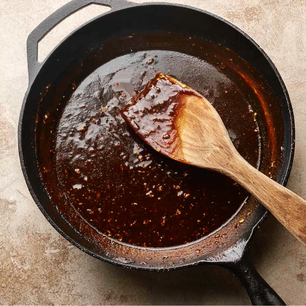 A cast-iron skillet with rich, glossy beef and broccoli stir-fry sauce, flecked with garlic and seasonings, being stirred with a wooden spatula, ready to coat cooked beef and broccoli.