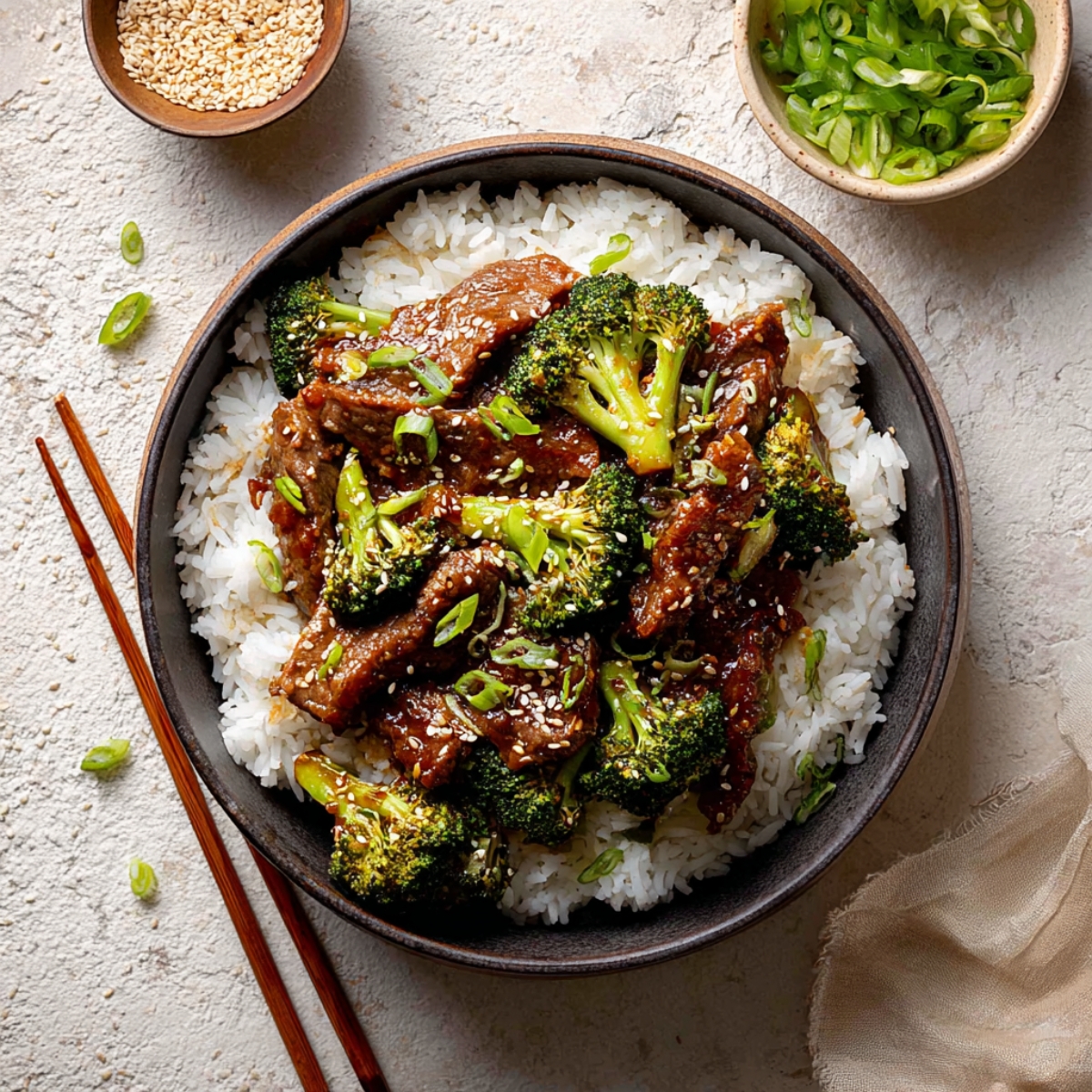 A bowl of tender beef and vibrant broccoli stir-fry served over fluffy white rice, garnished with sesame seeds and sliced green onions, with small bowls of sesame seeds and chopped green onions on the side.