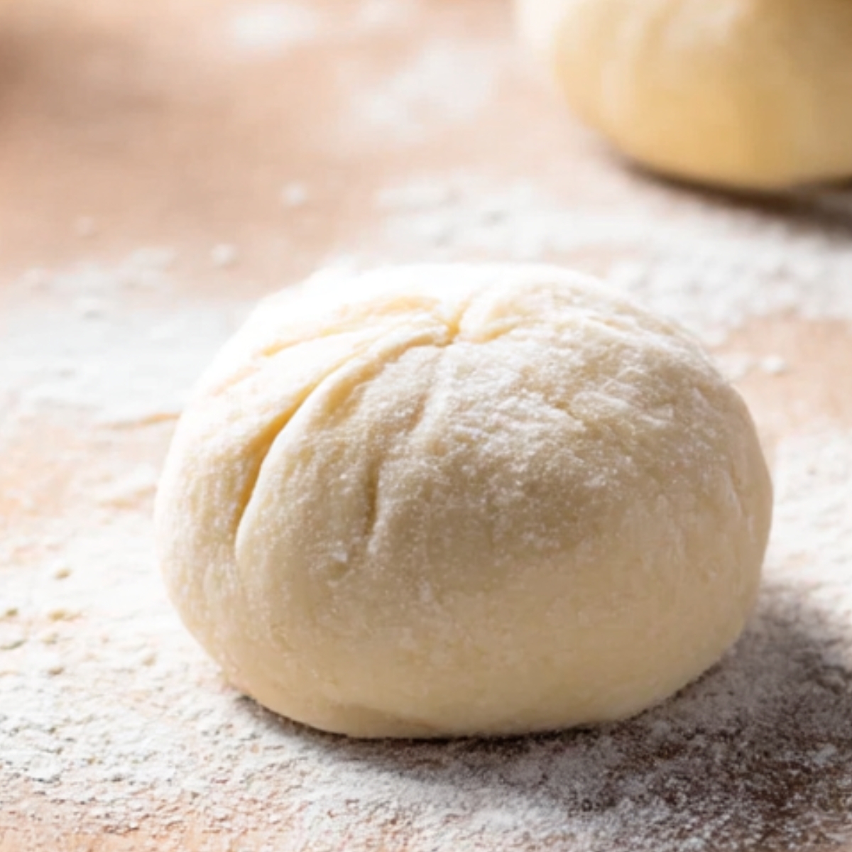 Close-up of a soft, floured ball of dough ready to be filled for Caramel Apple Pie Bombs, perfect for creating gooey, bite-sized apple treats.