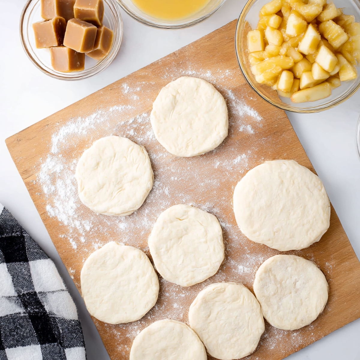 Overhead view of floured dough circles on a wooden board with bowls of diced apples and caramel cubes, ready to be filled for homemade Caramel Apple Pie Bombs.