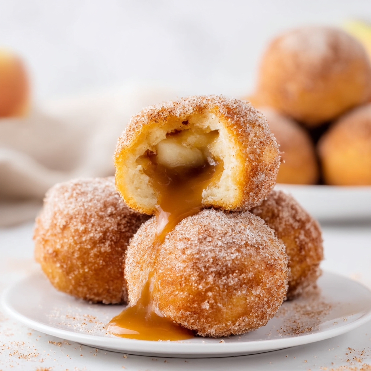 Plate of golden, cinnamon-sugar coated Caramel Apple Pie Bombs with gooey caramel filling oozing out, perfect for fall desserts and holiday treats.