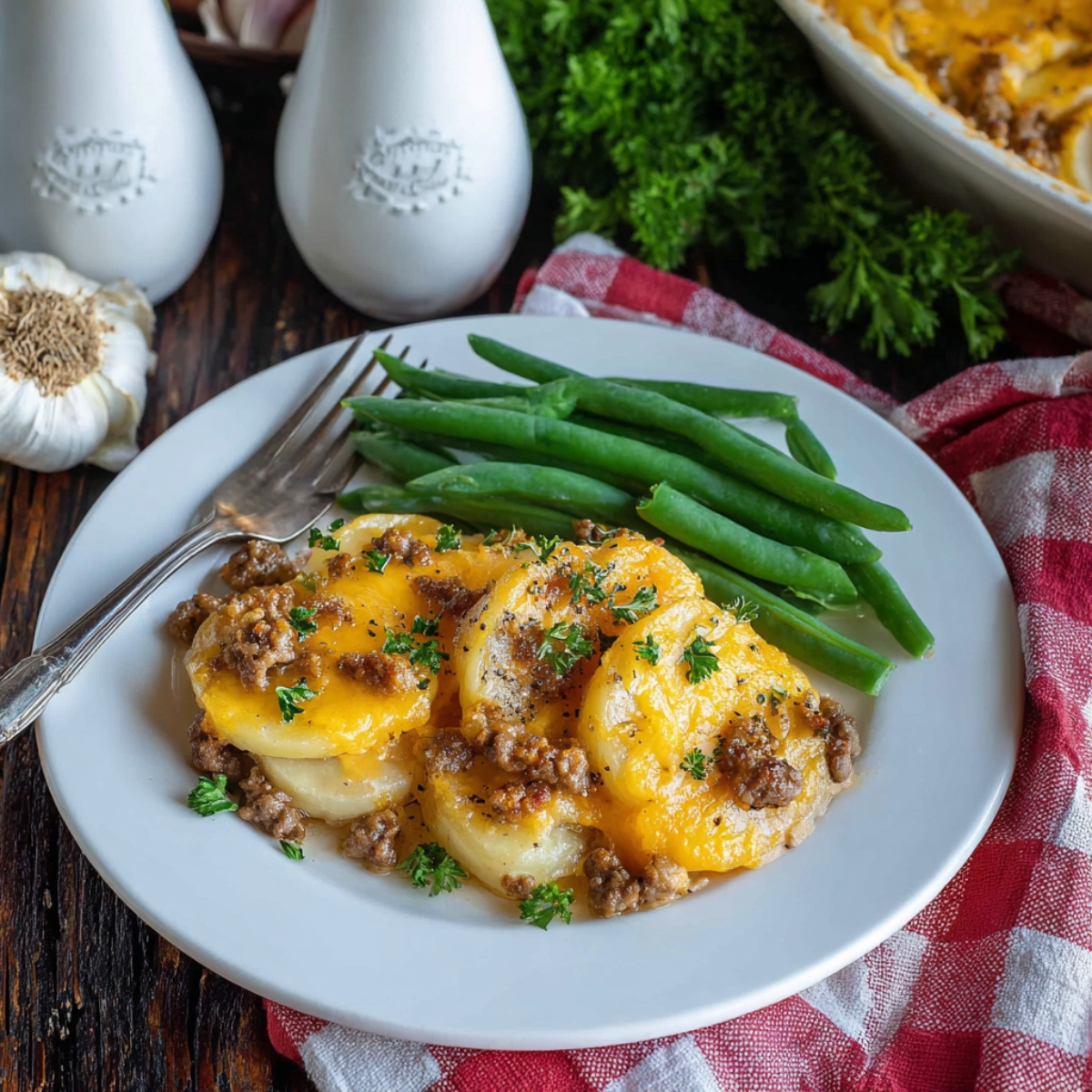 A plate of cheesy hamburger potato casserole topped with melted cheddar and parsley, served with fresh steamed green beans on a white plate with a red checkered napkin.