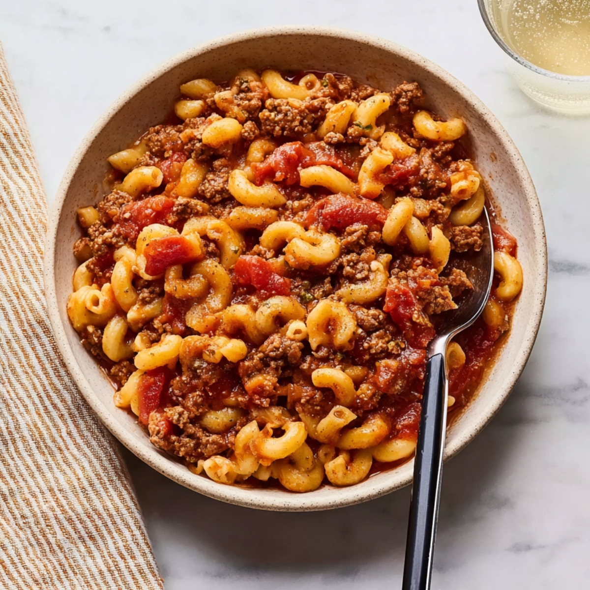 Bowl of classic goulash with tender ground beef, elbow macaroni, and rich tomato sauce, garnished with herbs, served with a side drink on a light background.